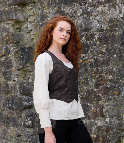 Womens Tweed Corset Waistcoat in textured woollen tweed with brass button detail and flattering fitted waistcoat shape