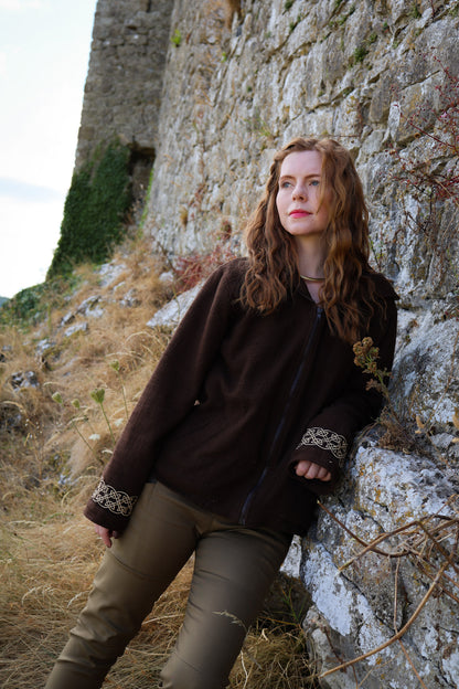 Brown Cernunnos Celtic jacket with front zip, relaxed fit, fleece lining and embroidered knotwork cuffs.
