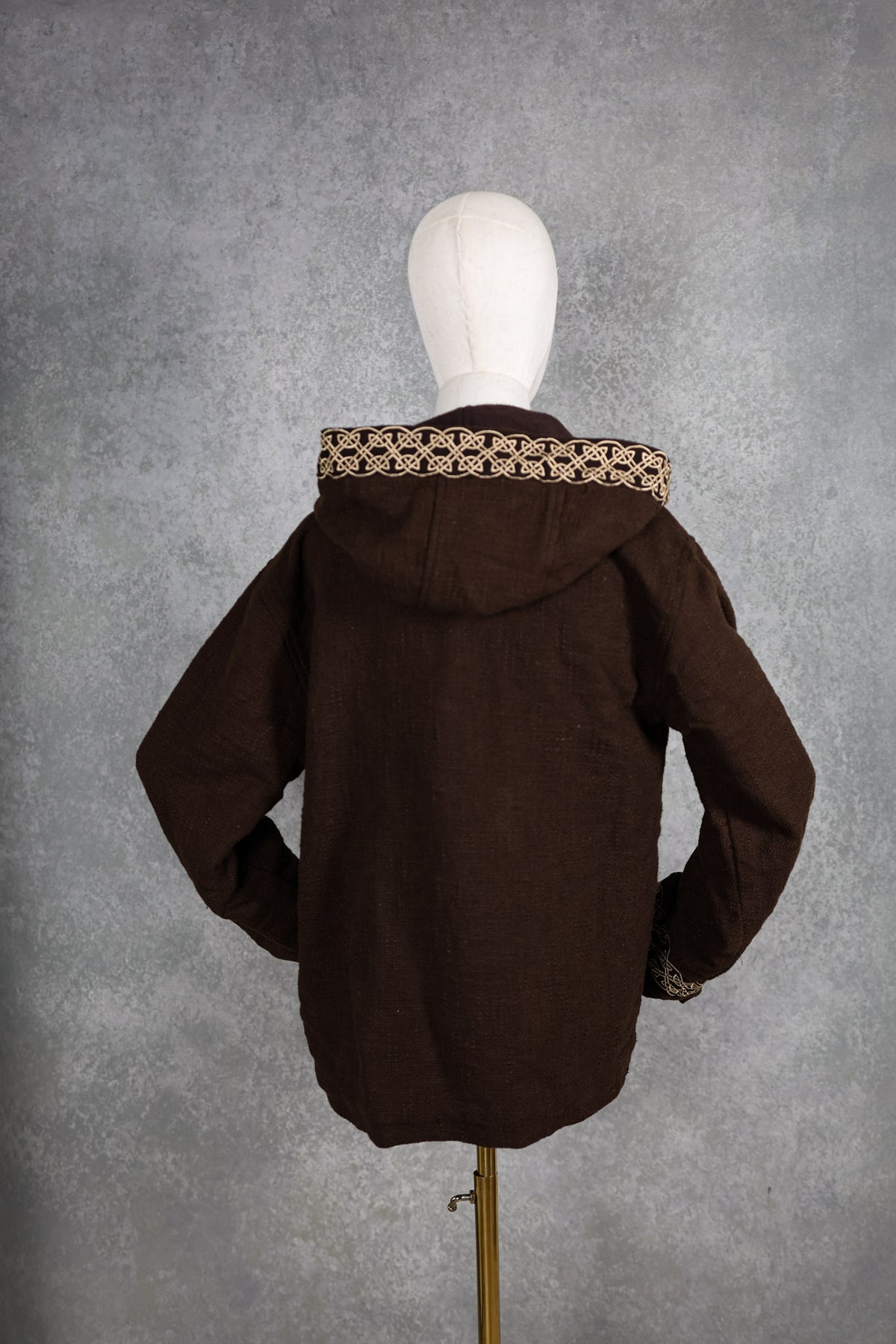 back view of brown short celtic jacket crafted from handwoven cotton by Celtic Fusion