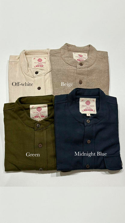 Close-up of natural cotton fabric and wooden buttons on the Celtic Shield collarless dress shirts for men with earthy texture designed by Celtic Fusion