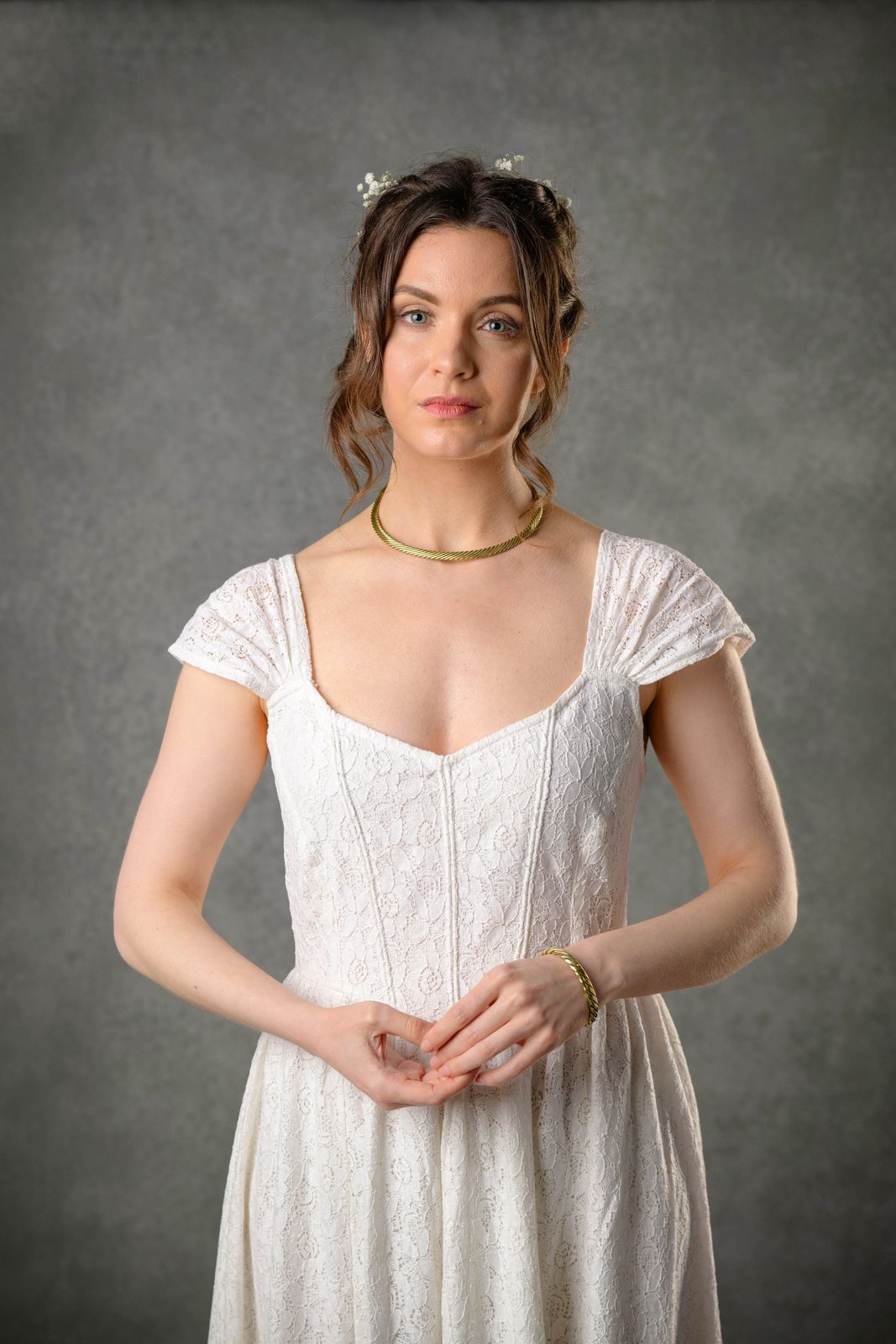 Corset wedding dress bodice in ivory floral cotton lace with gathered cap sleeves and soft sweetheart neckline