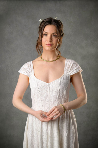 Corset wedding dress bodice in ivory floral cotton lace with gathered cap sleeves and soft sweetheart neckline