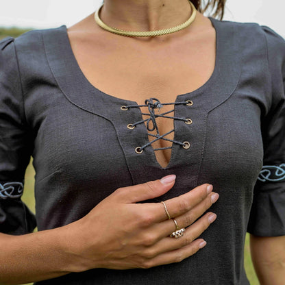 close up lace up front medieval inspired tunic dress by Celtic Fusion 