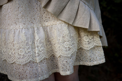 Close-up of layered cotton lace skirt beneath the natural linen wrap dress, showing floral embroidery and lace texture.