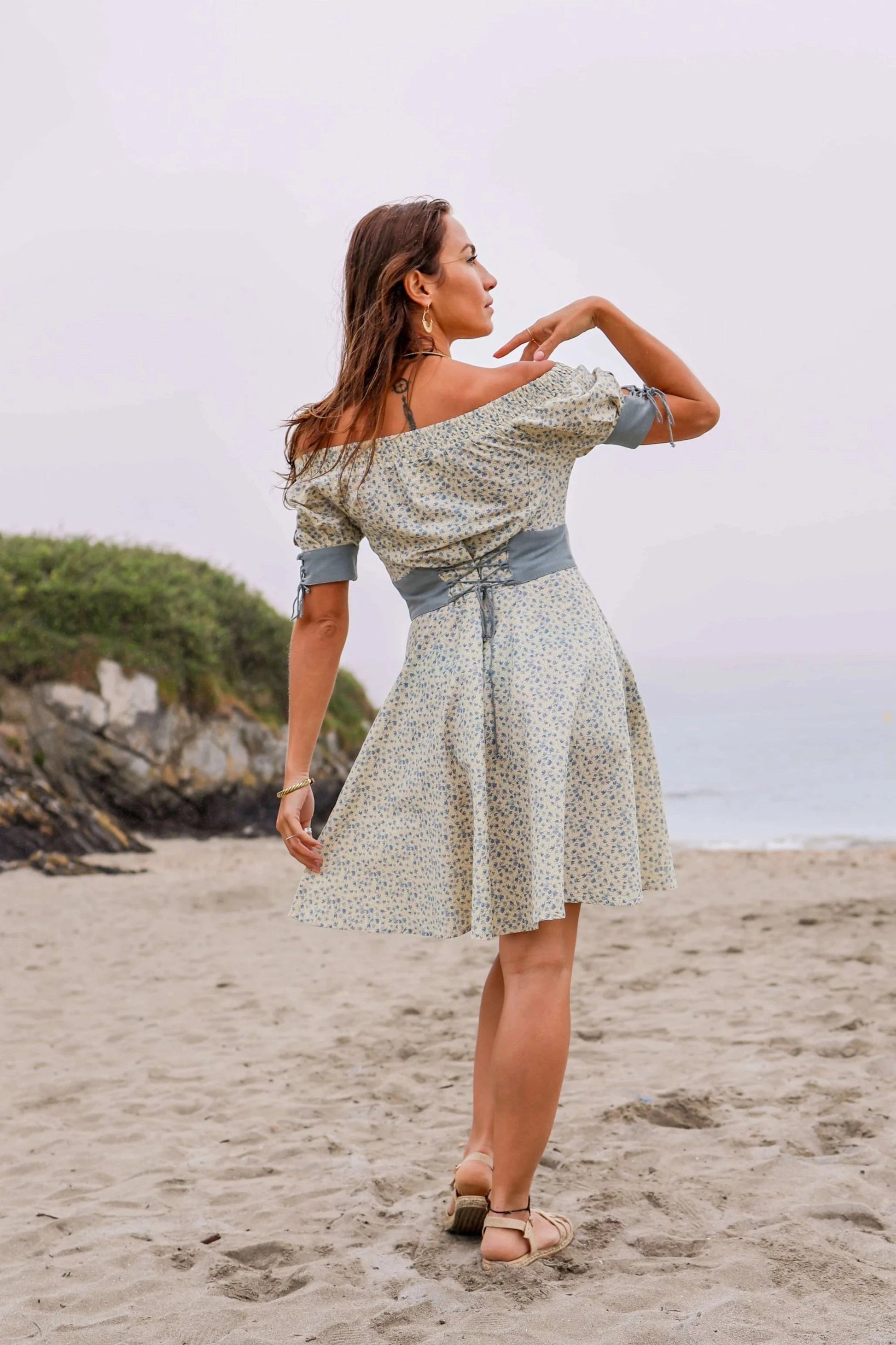 white christmas dresses Blue Floral Linen Dress with pockets – celticfusiondesign