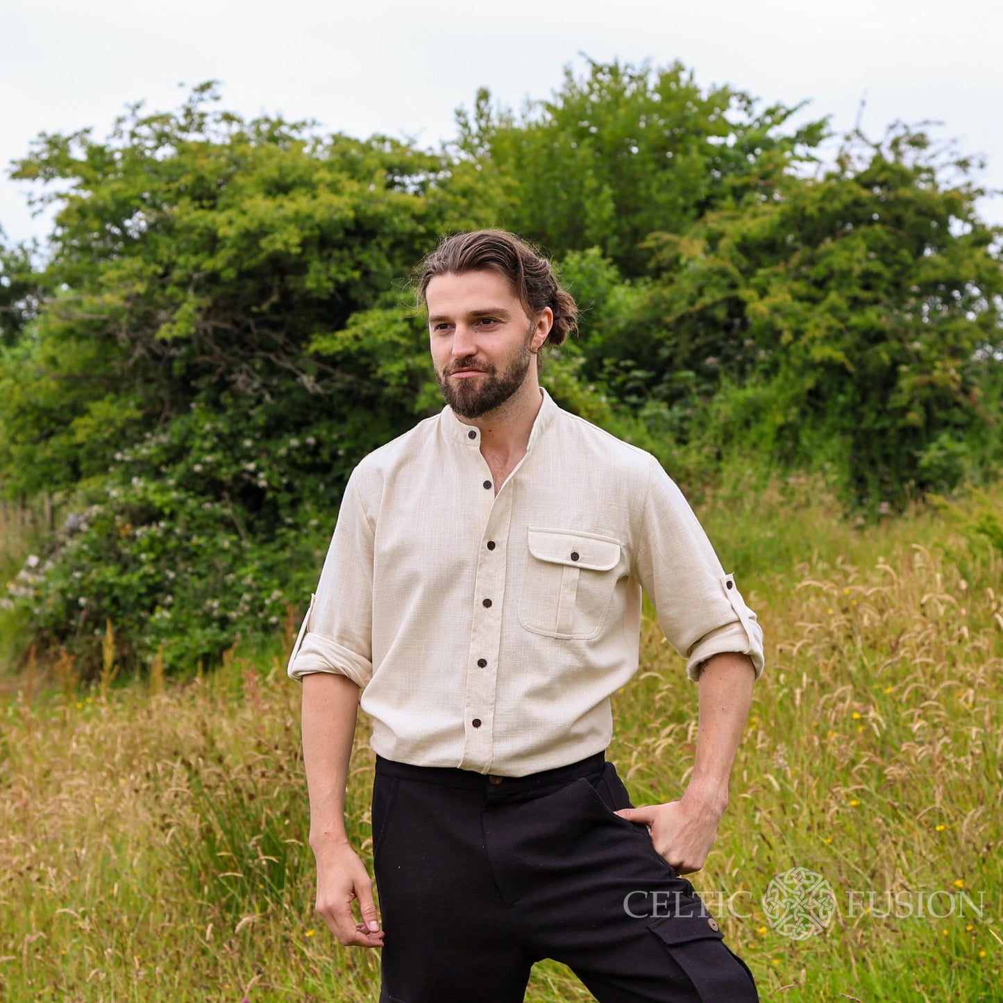 Irish clothing for men, natural cotton collarless shirt with wooden buttons and relaxed heritage-inspired fit by Celtic Fusion