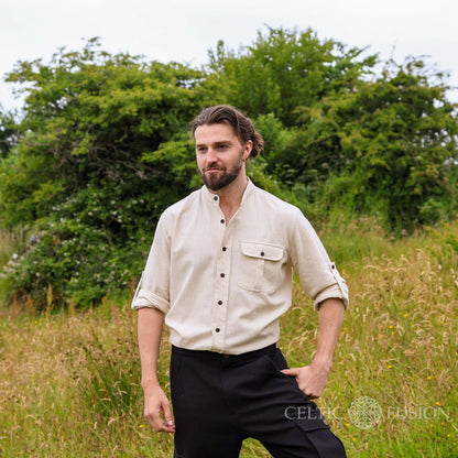 Irish clothing for men, natural cotton collarless shirt with wooden buttons and relaxed heritage-inspired fit by Celtic Fusion