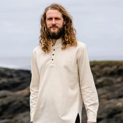 Men’s white grandad collarless shirt with button placket and long sleeves crafted from 100% heavy quality cotton