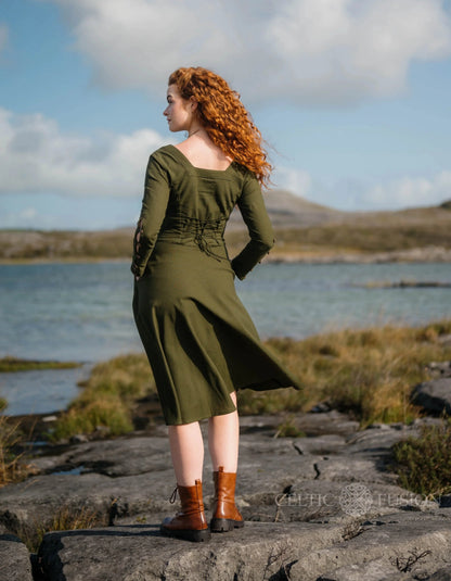 Imbas Corset Dress back view, romantic lace up back midi dress in dark green with a flowing skirt