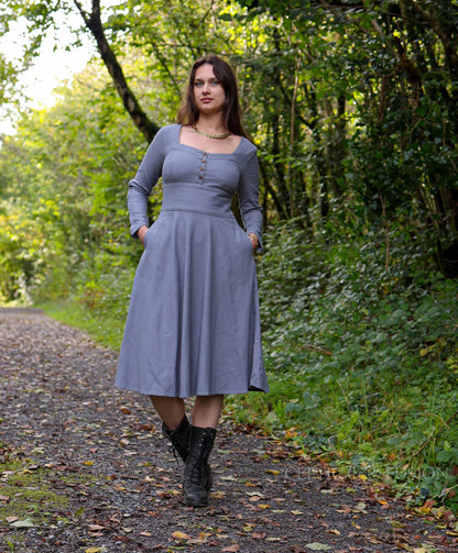 Grey blue Imbas Corset Dress with pockets, romantic long sleeve midi dress styled in a woodland setting