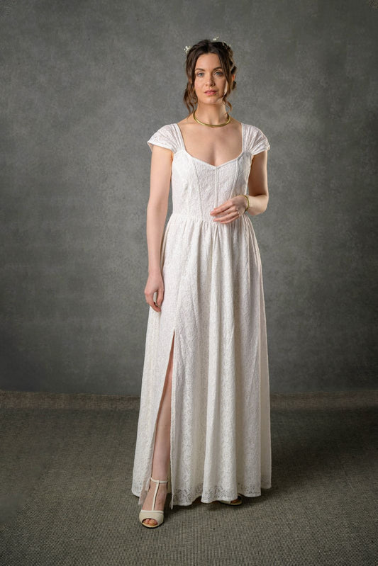 Wild Rose corset wedding dress in floral cotton lace with gathered straps, ivory lace bodice and side slit skirt