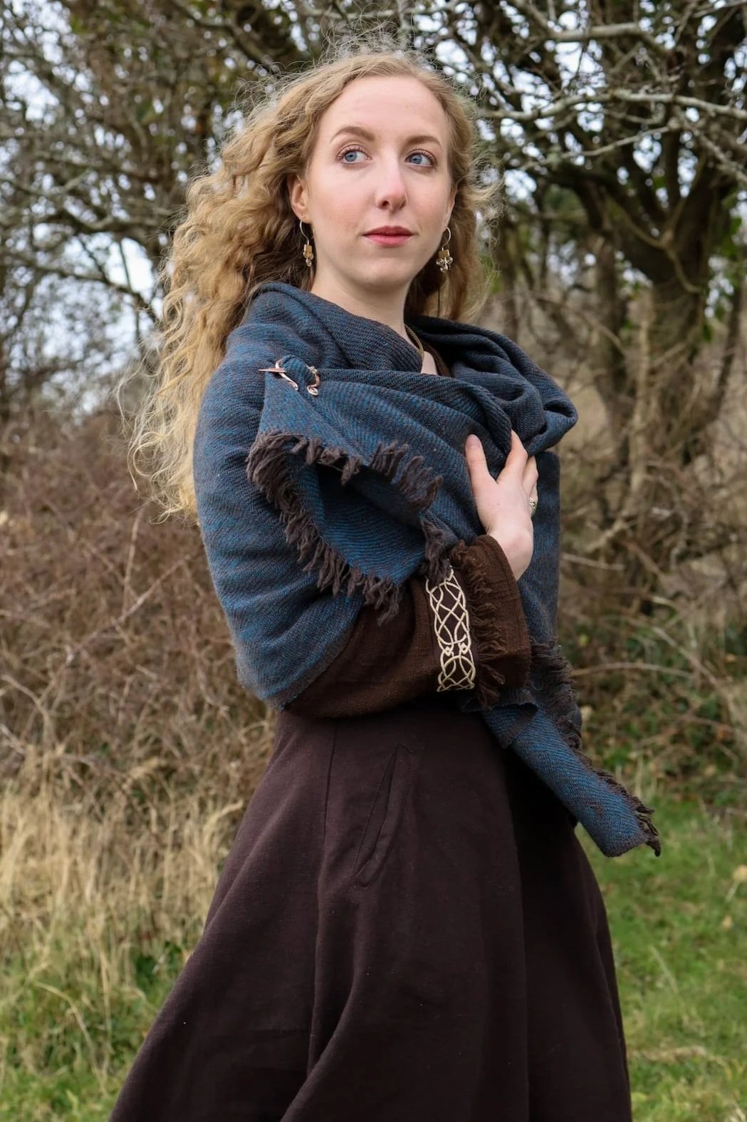 Soft black and turquoise handwoven wrap shawl with Uisneach copper brooch for Celtic and everyday layering